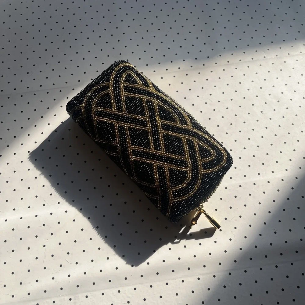 Vintage Black Beaded Evening Clutch Purse Gold Silver Geometric Art Deco Glam